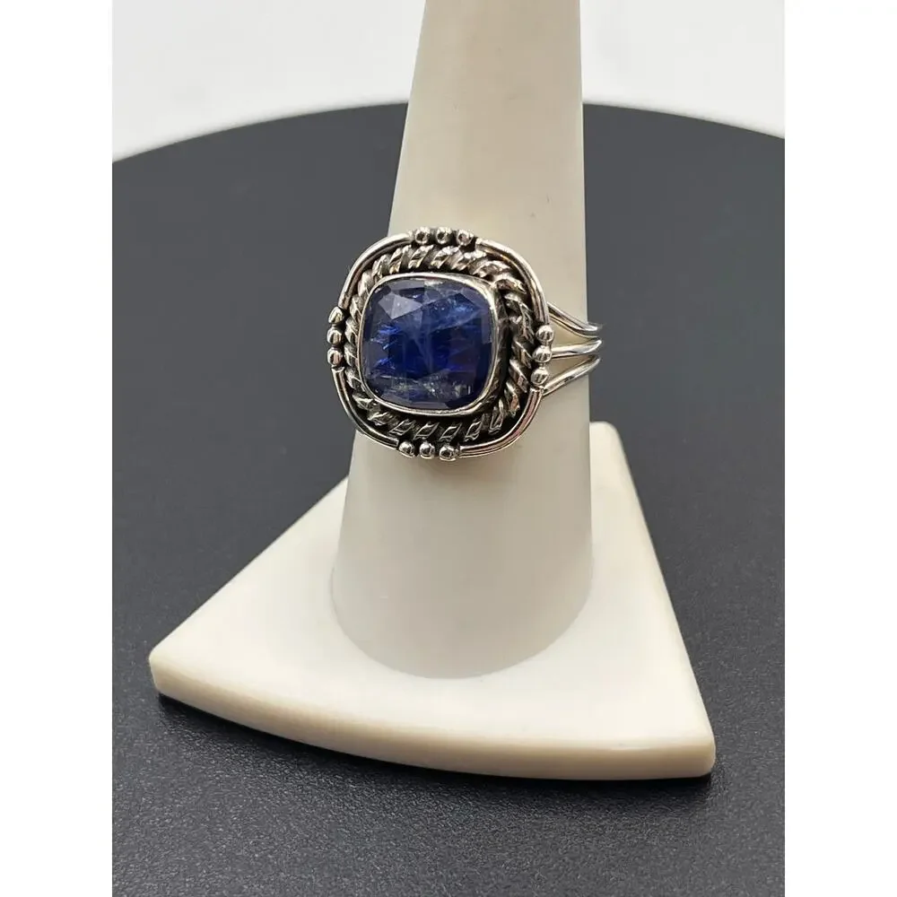 Artisan Twisted Sterling Silver Cushion Cut Deep Blue Kyanite Stone‎ ring Sz  9